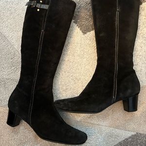 Ecco Black Suede Leather Trim Zip Up Tall Boots